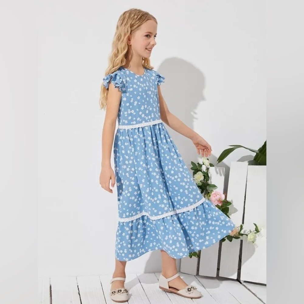 NWOT Girls Ruffle Trim Schiffy Detail Floral Dress SHE - Picture 3 of 4